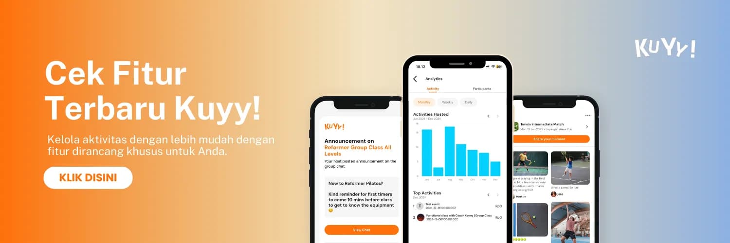 Jelajahi dan booking ribuan kelas olahraga dan aktivitas di KUYY!